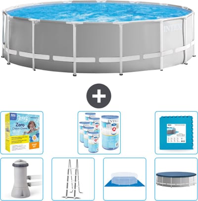 Intex Rond Prism Frame Zwembad - 457 x 122 cm - Grijs - Inclusief Pomp - Ladder - Grondzeil - Afdekzeil Onderhoudspakket - Filters - Vloertegels