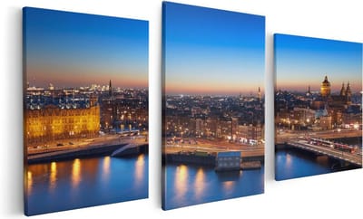 Artaza Canvas Schilderij Drieluik Amsterdam Centrum In De Nacht - 120x60 - Foto Op Canvas - Canvas Print