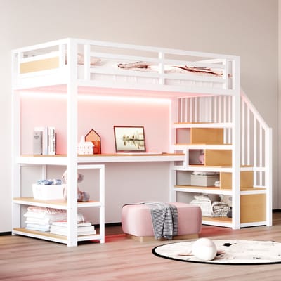 Sweiko Hoogslaper - 90×200 cm - Metalen frame - Met opbergplank - Bureau - LED-verlichting - Wit