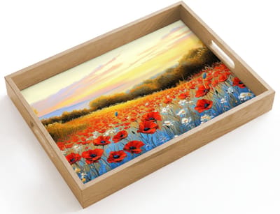 Dienblad hout 40x30 cm - Schootdienblad - Klaproos - Bloemenveld - Kleurrijk - Borrelplank rechthoek - Plateau dienbladen