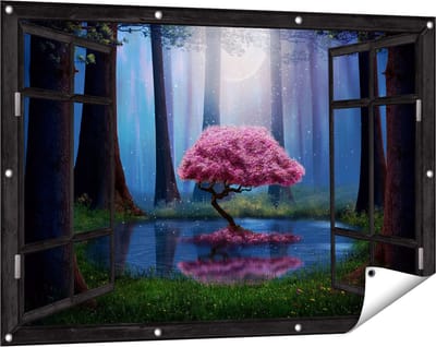 Gards Tuinposter Doorkijk Roze Boom op een Vijver in de Nacht - 120x80 cm - Tuindoek - Tuindecoratie - Wanddecoratie buiten - Tuinschilderij
