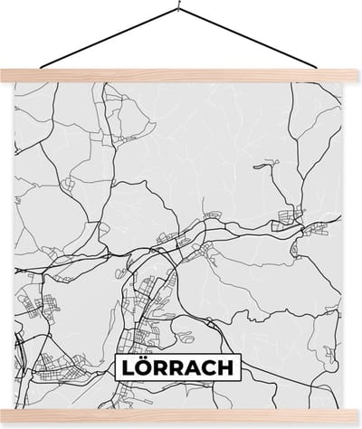 Posterhanger incl. Poster 40x40 cm - Schoolplaat - Plattegrond - Duitsland - Lörrach - Kaart - Stadskaart - Textielposter - Blanke latten - Stadskaart