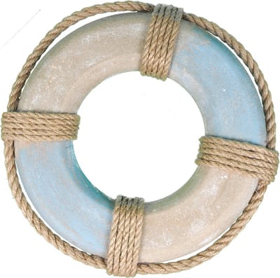 Maritiem (strand Artikelen) - Pc. 1 Wooden Life Buoy Blue Ø19,5 Cm