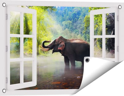 Gards Tuinposter Doorkijk Olifant in het Water - 60x40 cm - Tuindoek - Tuindecoratie - Wanddecoratie buiten - Tuinschilderij