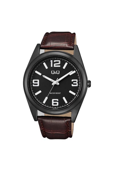 Q&Q Q68A-002PY - Horloge - Analoog - Heren - Mannen - Leren band - Rond - Metaal - Cijfers - Strepen - Bruin - Gun - Zilverkleurig - 3 ATM