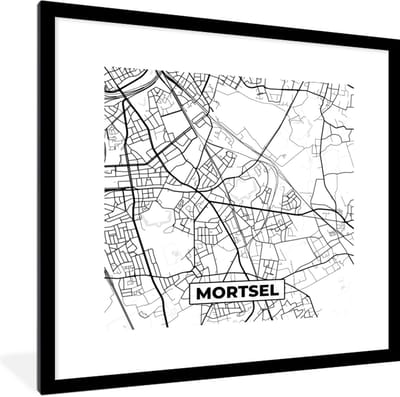 Fotolijst incl. Poster Zwart Wit- Stadskaart – Plattegrond – België – Zwart Wit – Mortsel – Kaart - 40x40 cm - Posterlijst