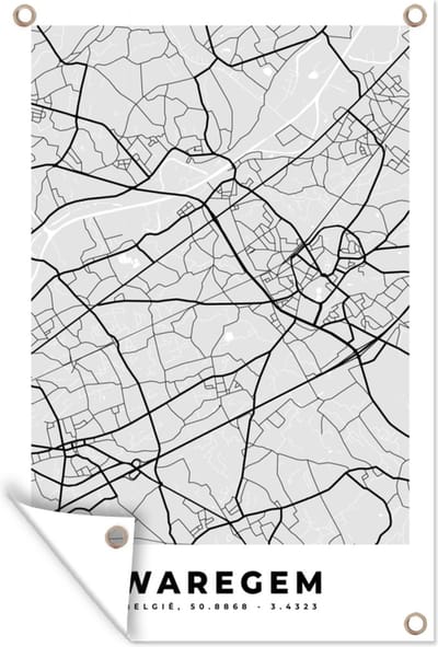 Muurdecoratie België – Waregem – Stadskaart – Kaart – Zwart Wit – Plattegrond - 120x180 cm - Tuinposter - Tuindoek