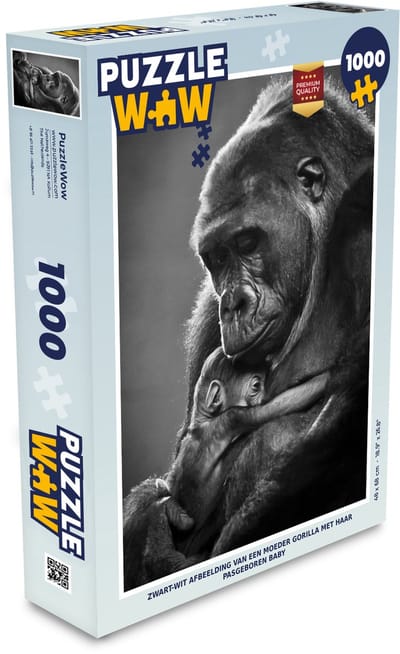 Puzzel Zwart-wit afbeelding van een moeder gorilla met haar pasgeboren baby - Legpuzzel - Puzzel 1000 stukjes volwassenen