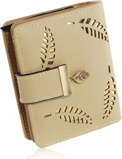 Dames Holo Blad Portemonnee van PU Leer met Meerdere Kaartslots en Sluiting, Beige Minimalistisch Design
