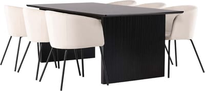 Vail eethoek tafel zwart en 6 berit stoelen beige.