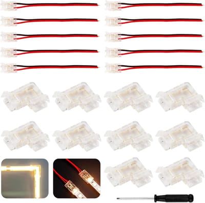 20 Stuks Solderless LED Strip Connectors, 2-Pins voor 8mm Breedte, Inclusief Hoek- en Transparante Connectoren voor COB Verlichting