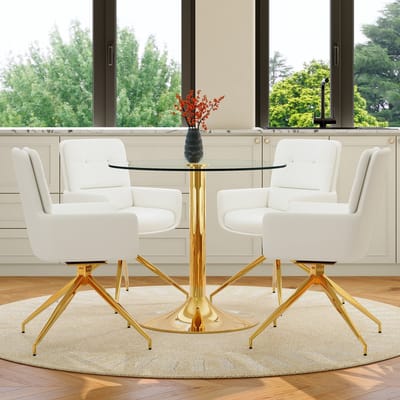 MODENUIT Eettafelset 85 cm - Ronde Tafel - 4 Stoelen - Eetkamer En Café - Glas, PU En Metaal - Transparant Wit Goud