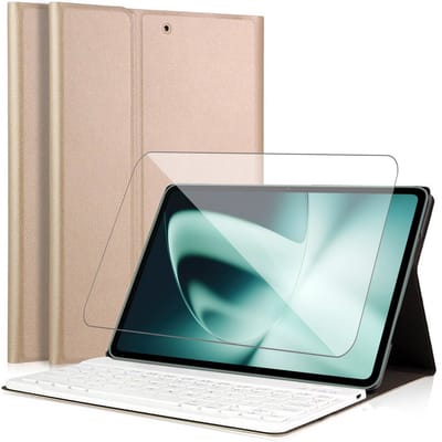 Hoes met toetsenbord geschikt voor OnePlus Pad / Oppo Pad 3 / Oppo Pad 2 - Screen Protector GlassGuard - Keyboard Book Case Cover Hoesje Goud & Screenprotector