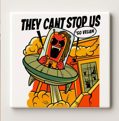 They Can’t Stop Us Go Vegan Tegel – Gedurfde Vegan Activisme Cartoon Wanddecoratie – Keramische Tegel 15 × 15 cm