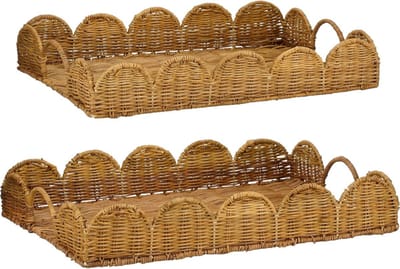 Mica Decorations Eleta Dienblad - Dienbladen Set van 2 - Decoratie Woonkamer, Kaarsenplateau of Onderzetter - Ideaal als Plantenonderzetter - L50 x B35 x H8 cm - Rotan