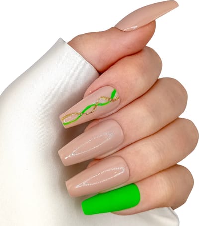 SD Press on Nails - B-127 - Plaknagels - Nagelset 20 Nagels - Nude Groen Swirl - Gellak - Nagellak - Lange Long Coffin Nageltips - Nepnagels met Lijm - Kunstnagels - Nail Art - Handmade - Valse nagels - Nagelvijl - Accessoires