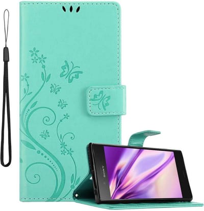 Cadorabo Hoesje geschikt voor Sony Xperia XZ1 in BLOEMEN TURKOOIS - Beschermhoes in bloemmotief met magnetische sluiting, standfunctie en kaartsleuven Book Case Cover Etui