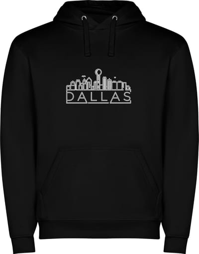 Zwarte unisex hoodie met “ Sky Line Dallas Texas – Vakantiegevoel – Strak – Modern “ Print Full Color Color merk Roly maat S
