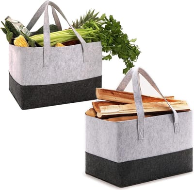 Haardhoutopslag - Houtopberging Vilten Shopper Groot Draagtas Houten Mand - Brandhout Opslag - 38x25x25 cm