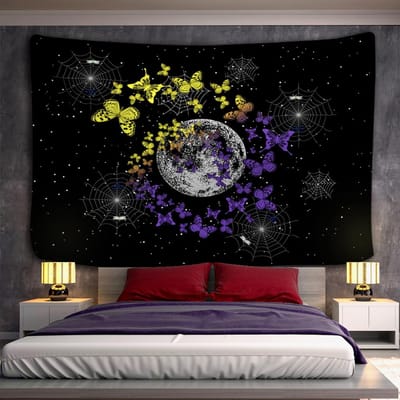 Maan Ster Vlinder Wandtapijt Muurhanger Nachtzicht Bohemien Hippie Tapijt Zigeuner Psychedelisch Tapiz Magische Kamer Decor 95x70cm