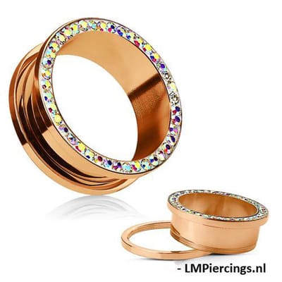 2.4 mm screw fit tunnel rose kleur met multi kleur steentjes - LMPiercings