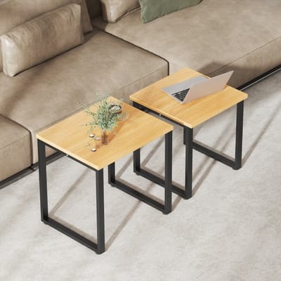 MODFU Salontafelset - Ruimtebesparend En Stapelbaar - Moderne Uitstraling - Voor Woonkamer - Spaanplaat En Metaal - Natuurlijke Houtkleur