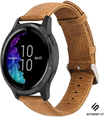 Strap-it Leren smartwatch bandje - geschikt voor Garmin Venu / Venu SQ / Vivoactive 3 / Vivoactive 5 / Vivomove HR / Forerunner 245 / 570 - 42mm / 645 - zwart