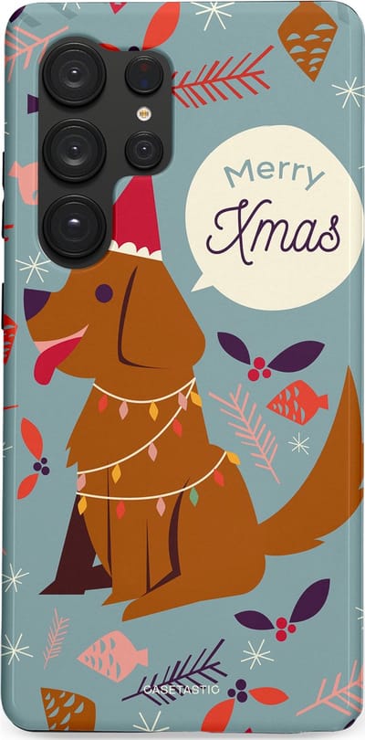 Casetastic hoesje geschikt voor Samsung Galaxy S25 Ultra - Dubbellaagse bescherming - Merry Christmas Hond - Fashion Case - Zilver Bruin Saliegroen Rood