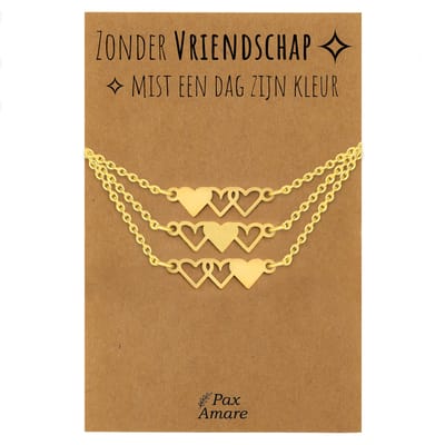 BFF Ketting voor 3 'Zonder Vriendschap mist een dag zijn kleur' - Hartjes - Vriendschapsketting op Cadeau Kaartje - 45cm + 5cm verstelbaar - Goudkleurig - Best Friends Hanger - Pax Amare