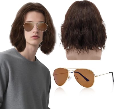 Bruin Krullend Cosplay Kostuum Voor Mannen - Lange Golfige Peruk van 35 cm voor Halloween, Retro Disco en Punk Stijl