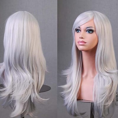 Langgolvende Cosplay Peruk met Bangs - 70cm/28inch, Hittebestendig Synthetisch Haar voor Anime, Halloween en Feestkostuums (Zilvergrijs)