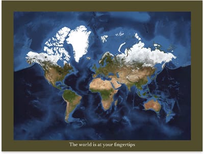 Wereldkaart 40x30 cm - Aluminium - Voelbaar 3D Reliëf - Donkergroen - World map - World at your Fingertips - Vintage - Retro - Muurdecoratie - Wanddecoratie