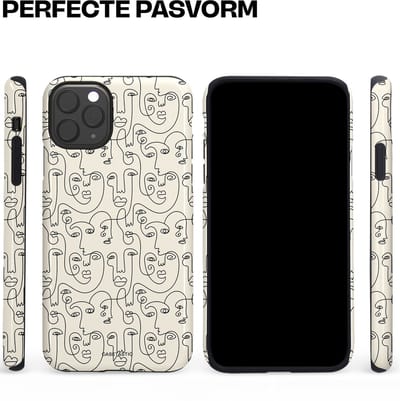 Casetastic hoesje geschikt voor Apple iPhone 11 Pro Max - Dubbellaagse bescherming - Art Deco Creme Abstractie Lijntekening Gezichten - Fashion Case - Zilver Crème Wit
