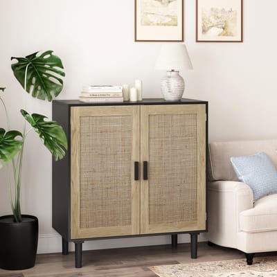 Clruro Opbergkast - 80 x 40 x 88 cm - met deuren en rotanlook - MDF + Hout - Zwart