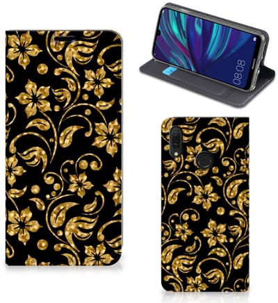 Huawei Y7 hoesje Y7 Pro (2019) Smart Cover Gouden Bloemen
