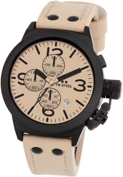 TW Steel TWCS117 Canteen Heren Horloge - Mineraalglas - Staal/Leer - Crème/Zwart - 45 mm breed - Quartz - Gesp - 10 ATM (zwemmen)