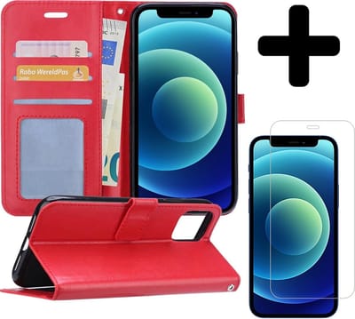Hoesje - Met Screenprotector - Geschikt voor Apple iPhone 12 - Luxe Pasjeshouder - Flipcase - Bookcase Portemonee - Flip Case - Kunstleer Book Case - Book Cover - Walletcase - Portemonneehoes - Telefoonhoes - Rood