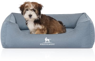 Knuffelwuff orthopedisch waterafstotend hondenbed Leon van velours met handgeweven karakter M-L 85 x 63cm lichtblauw
