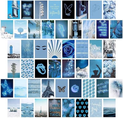 Ronte - Esthetische wandcollageset met 50 blauwe prints voor tienermeisjes en kamerdecoratie. Herbruikbare printkit voor wandcollages.