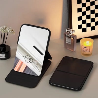 Compacte spiegel - 10x7 cm Kleine draagbare opvouwbare zakspiegel met HD-glas en PU-leer, mini-make-upspiegel voor reizen, kamperen, thuis, studentenkamer en dagelijks gebruik (zwart)