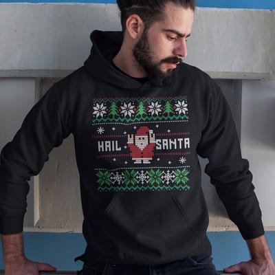 Foute Kerst Hoodie - Kleur Zwart - Hail Santa Snowy Trees - Maat XS - Uniseks Pasvorm - Kerstkleding voor Dames & Heren