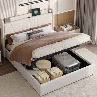Gestoffeerd bed 160x200cm Modern tweepersoonsbed met 2 USB-oplaadpoorten, 1 Type-C-poort, slaapkamerbed met opbergruimte en lattenbodem van 12 stuks, jeugdbed, functioneel bed, beige, zonder matras - gesplitst voor 2 Pakket voor verzending