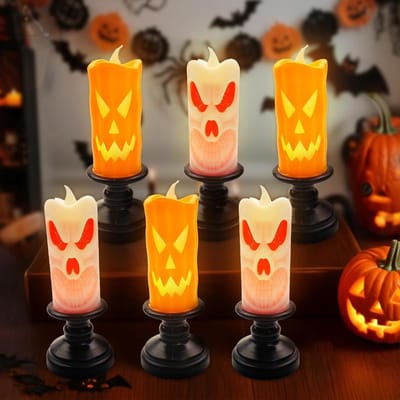 Halloween Kaarsen - LED Kaarsen - Feestdecoratie - Flikkervrij Licht - 6 stuks - Wit Oranje