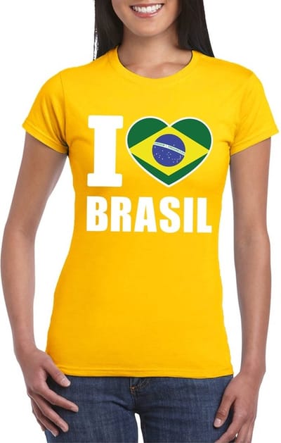 Brazilie supporters kleding t-shirt - voor dames - geel - met vlag kleuren print - korte mouwen S