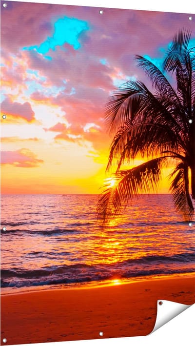 Gards Tuinposter Tropisch Strand tijdens Zonsondergang - 100x150 cm - Tuindoek - Tuindecoratie - Wanddecoratie buiten - Tuinschilderij