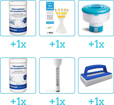 Zwembad Onderhoudspakket - Onderhoud Zwembad - bevat Chloor - Testrips - Chloordrijver - Chloor - Thermometer en Scrubborstel (6-delig)