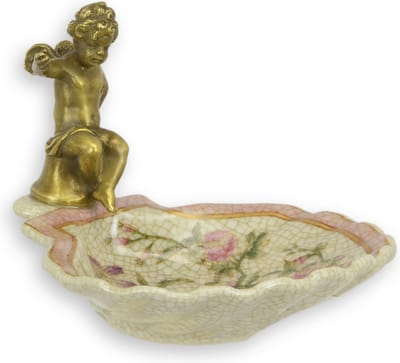 Porseleinen zeephouder - Bronzen engel - Bloemen schilderingen - 11 cm hoog