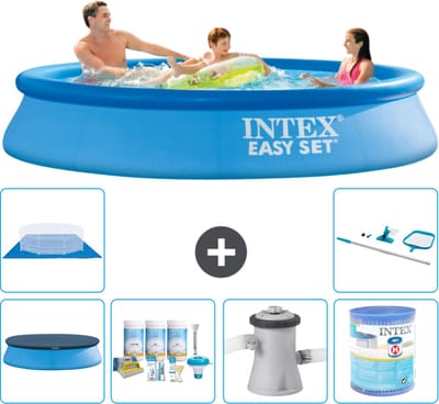 Intex Rond Opblaasbaar Easy Set Zwembad - 305 x 61 cm - Blauw - Inclusief Afdekzeil - Onderhoudspakket - Zwembadfilterpomp - Filter - Grondzeil - Schoonmaakset - 7-delig
