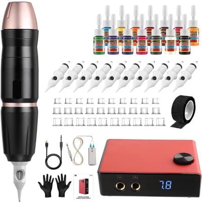 Tattoo Machine met Accessoires - Tattoo kit Draadloos - Complete Set -Zwart met roze