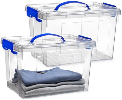 Plasticforte Opslagbox - 2x - met deksel - transparant blauw - 11 liter - 34 x 24 x 21 cm - kunststof - opbergdoos - opbergen